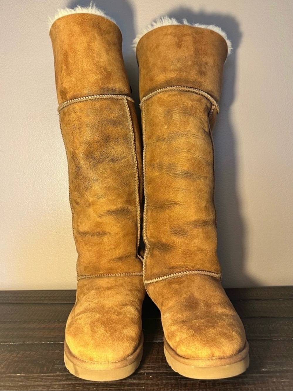 UGG Chestnut Over-the-Knee Suede Boots with Shearling Trim